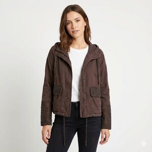 Hei Hei Anthropologie Utility Jacket Lace Trim Hooded Brown L